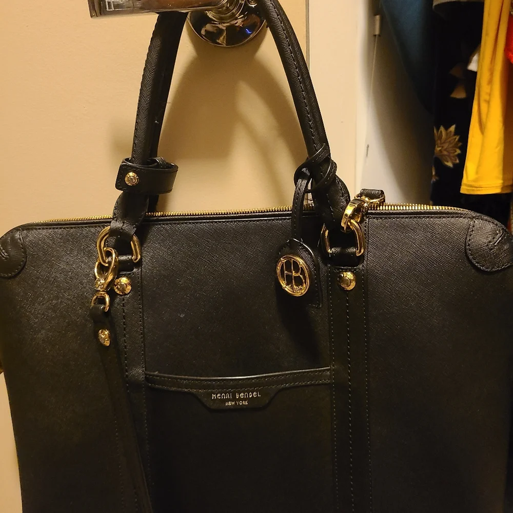 henri bendel Black Saffiano Leather Laptop Tote with Gold Hardware